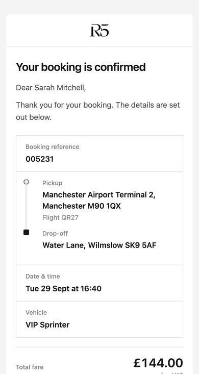 Booking confirmation email from R5 Executive Travel for a sample airport pickup, showing the reference, route, flight number, date, vehicle and fare inc VAT