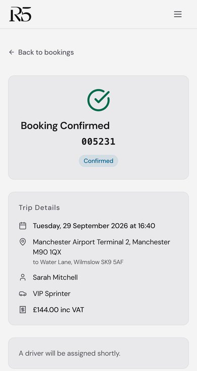 A sample confirmed booking in Manage my bookings, showing the date, route, passenger, vehicle and fare inc VAT