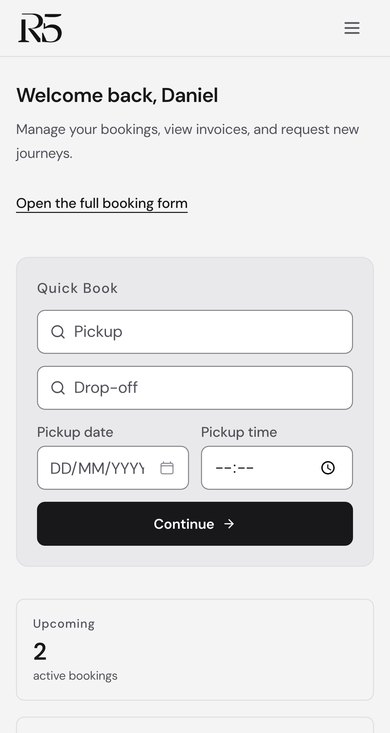 Manage my bookings home screen for a sample booker, with a quick booking form and a count of upcoming bookings