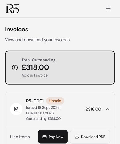 A sample invoice in Manage my bookings, showing the total outstanding, the due date, and Pay Now and Download PDF buttons