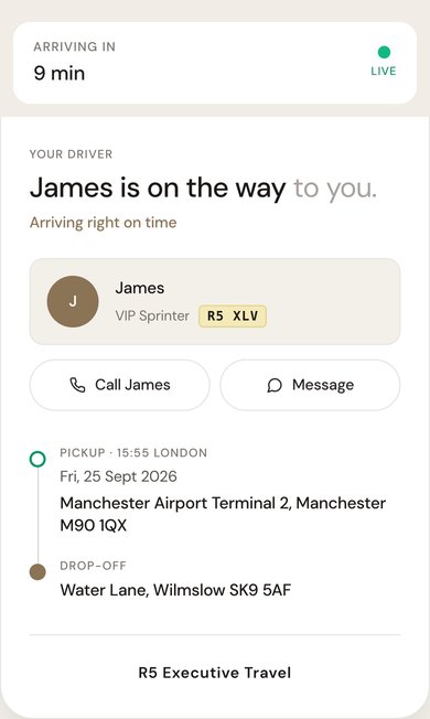 Private tracking page for a sample journey: arriving in 9 minutes, live, with the chauffeur's name, the vehicle and registration, call and message buttons, and the pickup and drop-off