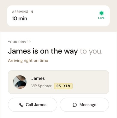 A sample R5 tracking link: arriving in 10 minutes, live, with the chauffeur's photo and name, the vehicle and registration, and call and message buttons