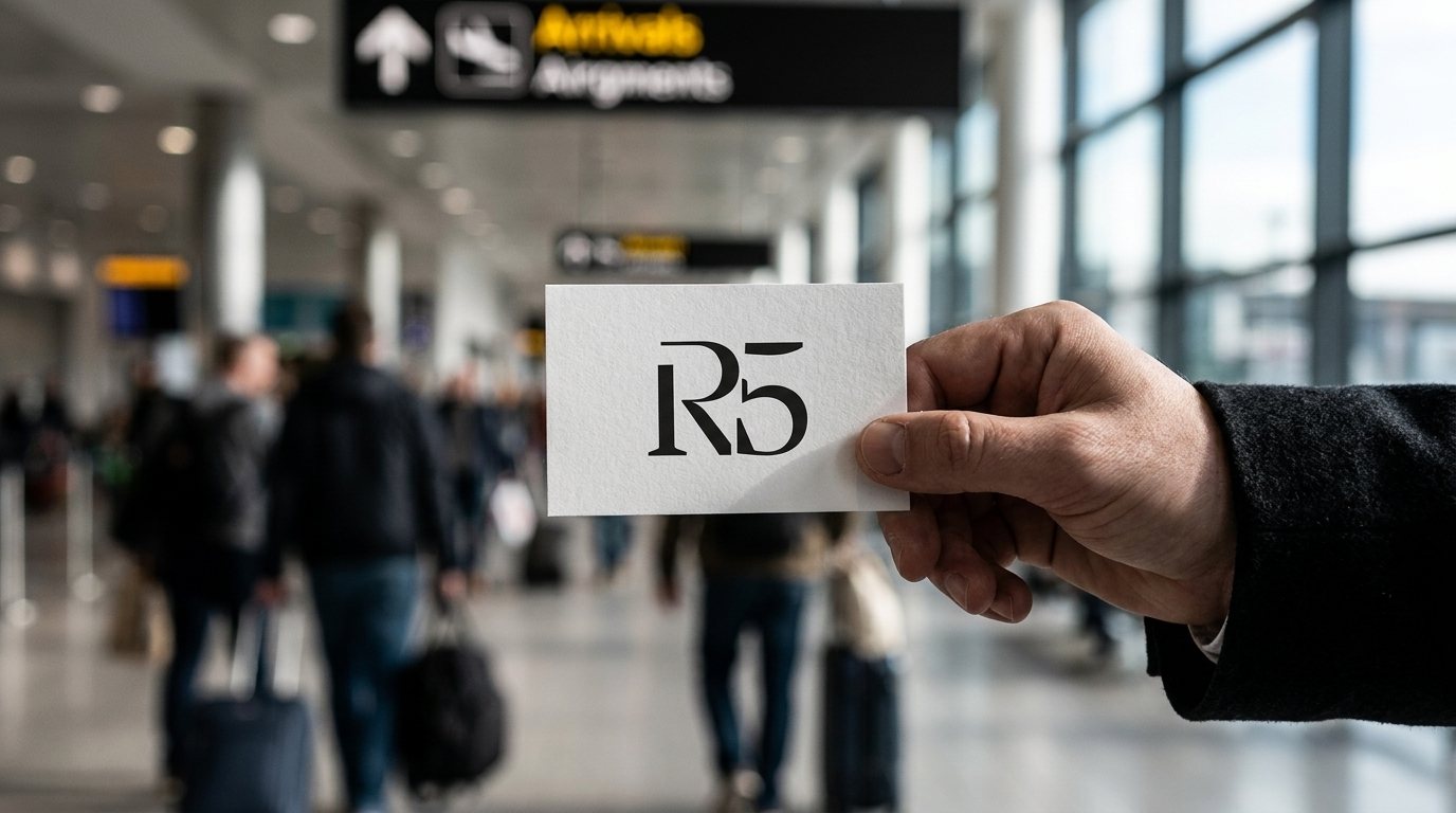 R5 Executive chauffeur holding an R5 meet-and-greet name board in airport arrivals