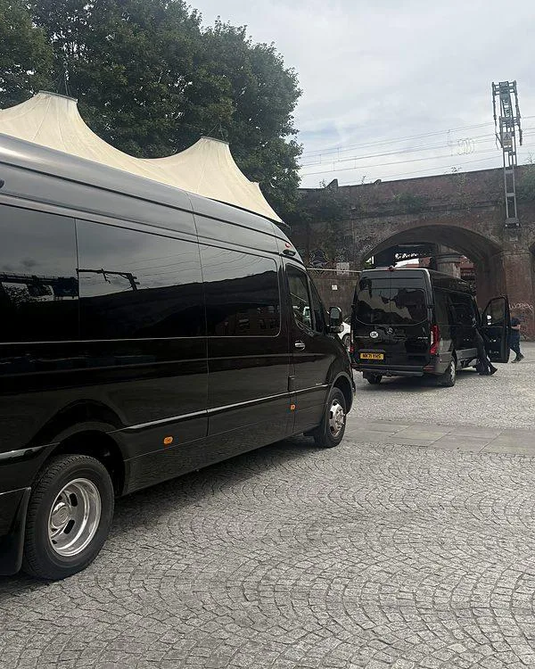 Two R5 Mercedes Sprinters on a location shoot under the railway arches in Castlefield, Manchester